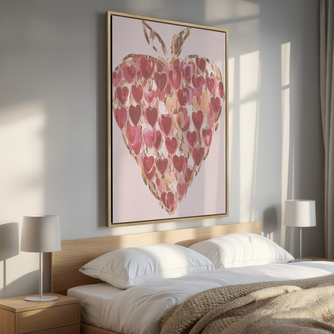 Framed Wall Art: Abstract heart design in warm reds & pinks. Modern style canvas print adds a touch of love to any bedroom decor.