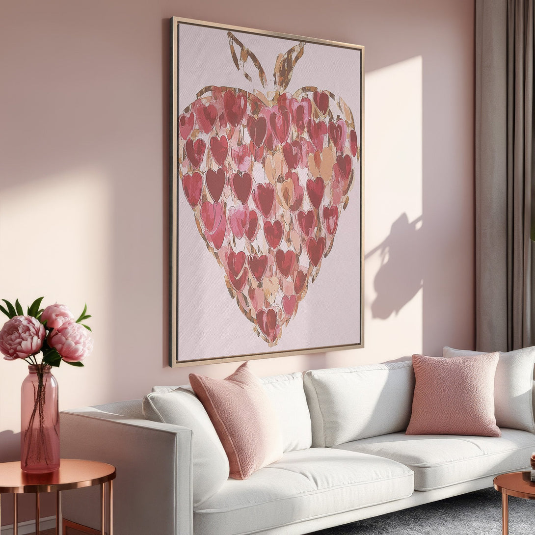 Framed Wall Art featuring a heart made of hearts, in a blush pink color palette. Perfect for adding a touch of love to your home decor!