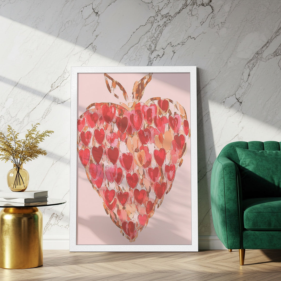 Framed Poster featuring a heart made of hearts, artistic style, warm red and pink palette. Perfect wall art for your home!