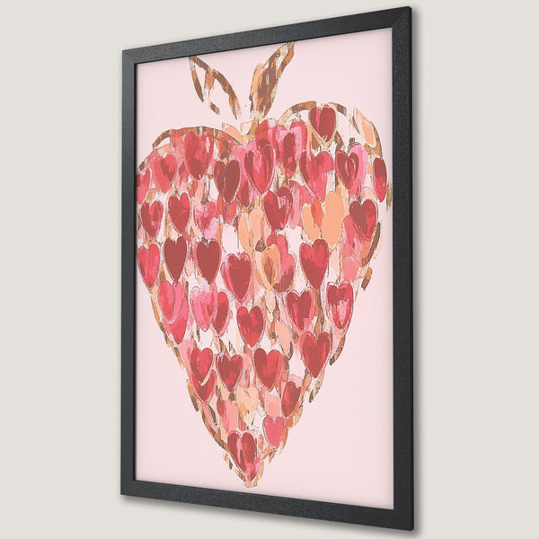 Framed Poster featuring a heart made of hearts, watercolor style, in shades of red, pink, and peach. Perfect wall art for your home!