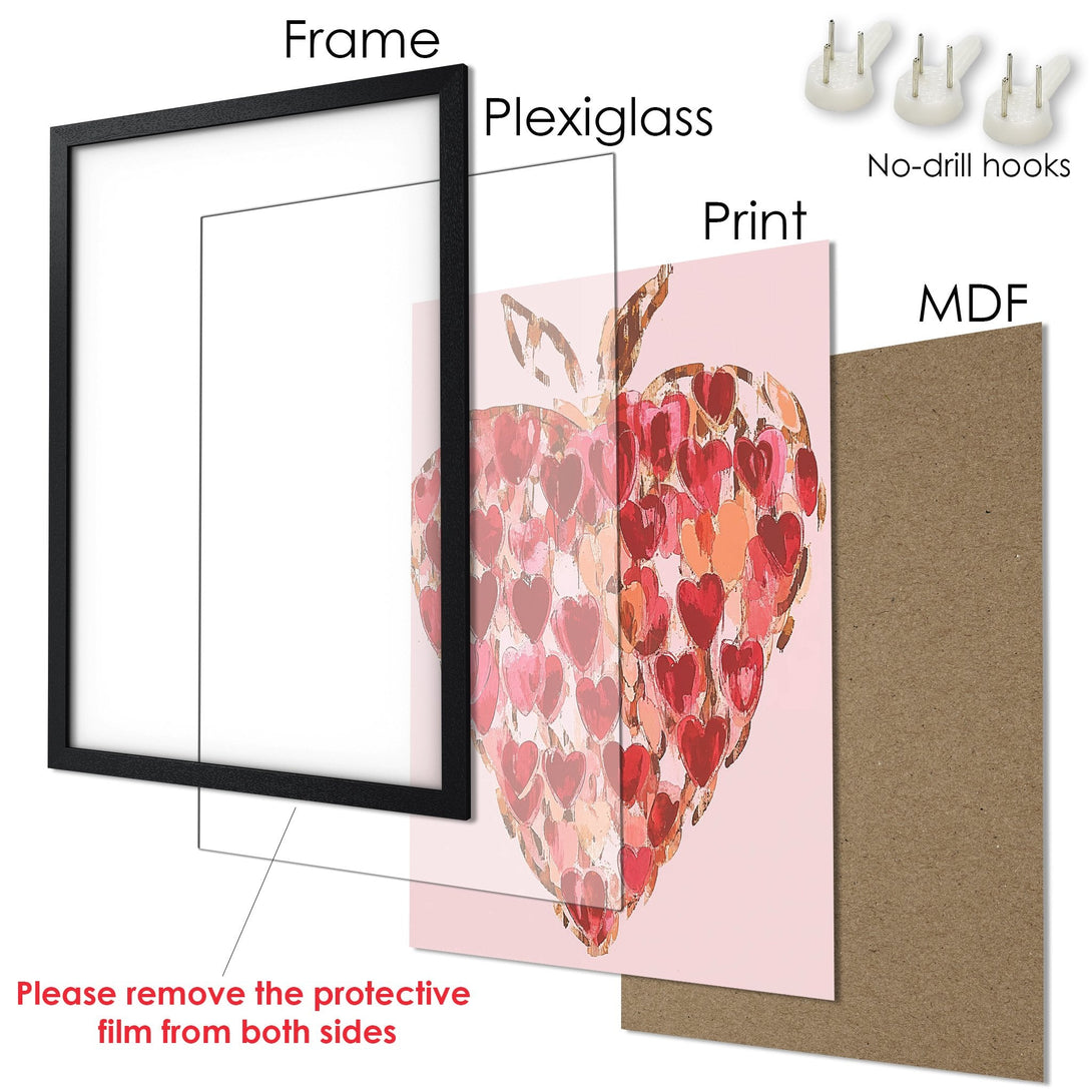 Framed Poster featuring a heart made of hearts, in a modern style with a pink and red color palette. Perfect wall art!