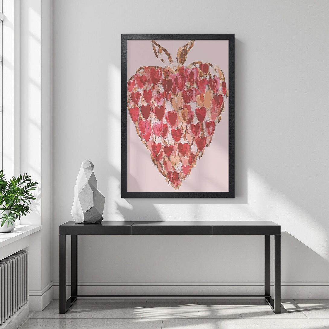 Framed Poster featuring a heart made of hearts, in a soft pink and red palette. Modern art for your home!