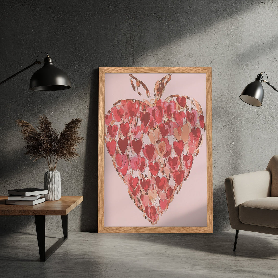 Framed Poster featuring a heart made of hearts, abstract style, warm red and pink tones, perfect for Valentine's Day decor.