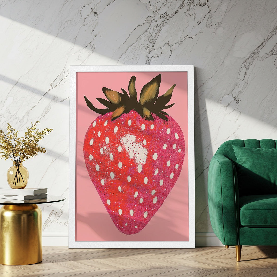 Framed Poster of a vibrant strawberry in a pop art style, featuring a pink and red color palette. Perfect wall art!