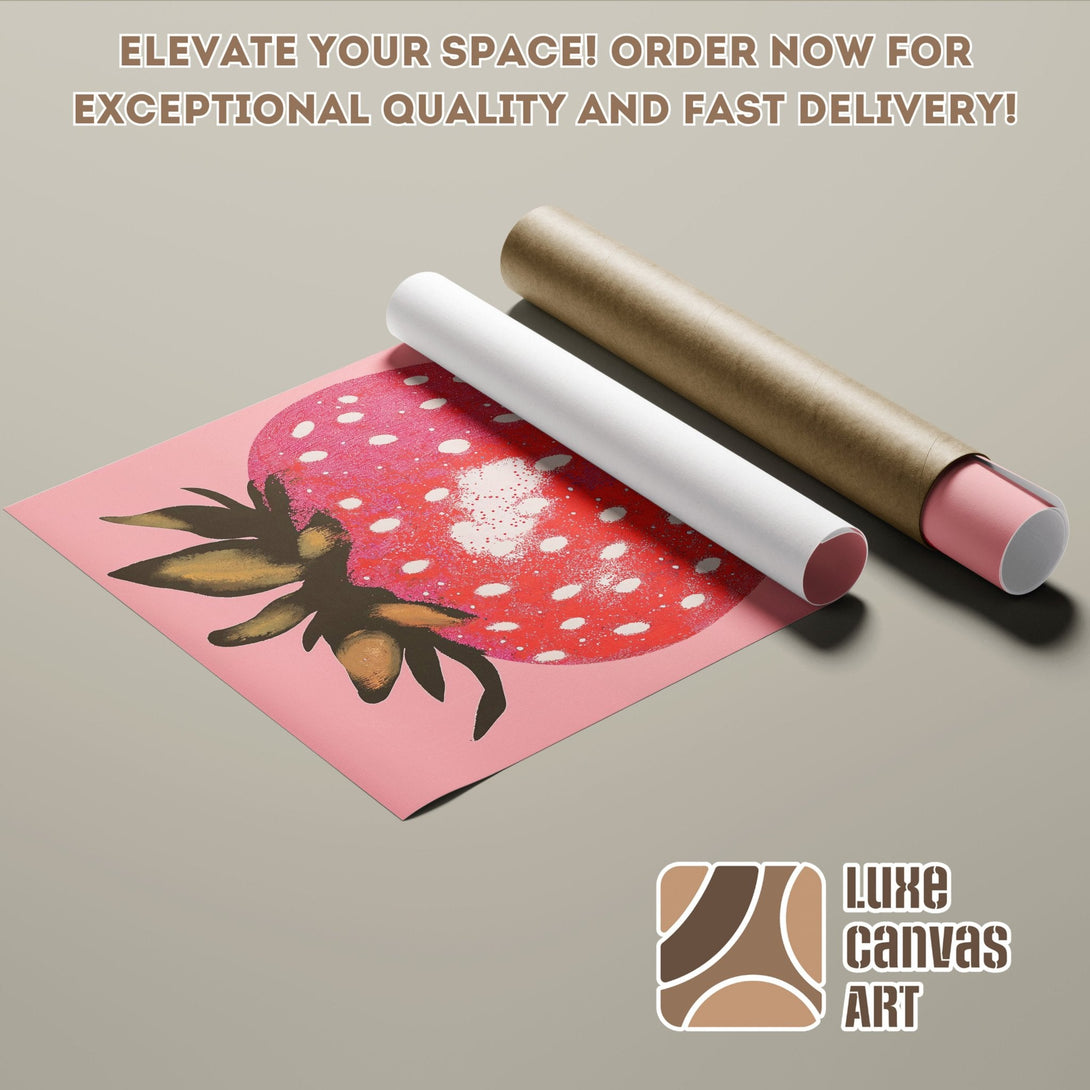 Strawberry Poster Roll, Pop Art Style, Pink & Red Palette. Elevate your space with Luxe Canvas Art!