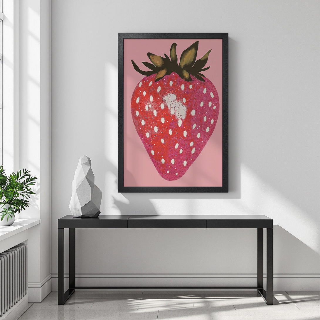 Framed Poster featuring a vibrant strawberry artwork. Modern style with red, pink, and green color palette. Perfect wall decor for a pop of color!