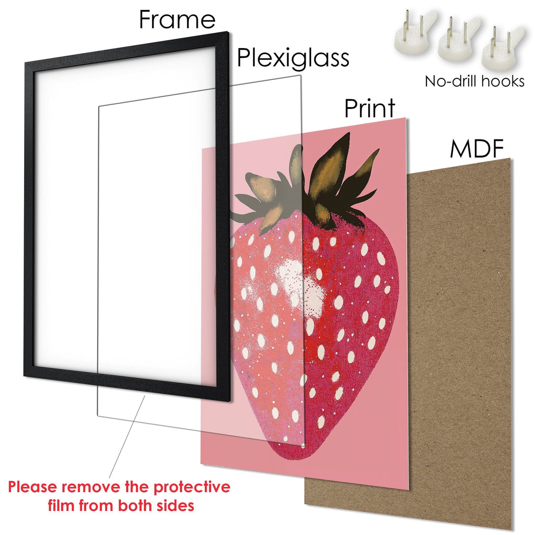 Framed Poster featuring a vibrant strawberry artwork. Modern style with a pink and red color palette. Perfect wall art!