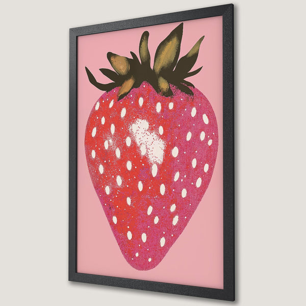 Framed Poster featuring a vibrant strawberry illustration in a pop art style with a pink and red color palette. Perfect wall art!
