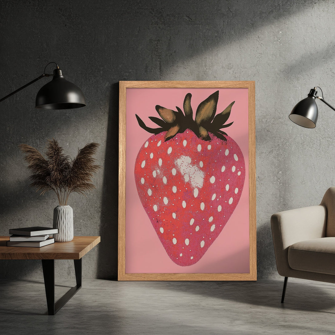 Framed Poster featuring a vibrant strawberry illustration in a pop art style. Pink and red color palette, perfect for kitchen decor.