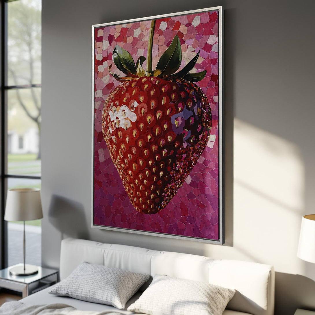 Framed Wall Art featuring a vibrant mosaic strawberry in a pink and red color palette. Perfect for adding a pop of color to your home decor.