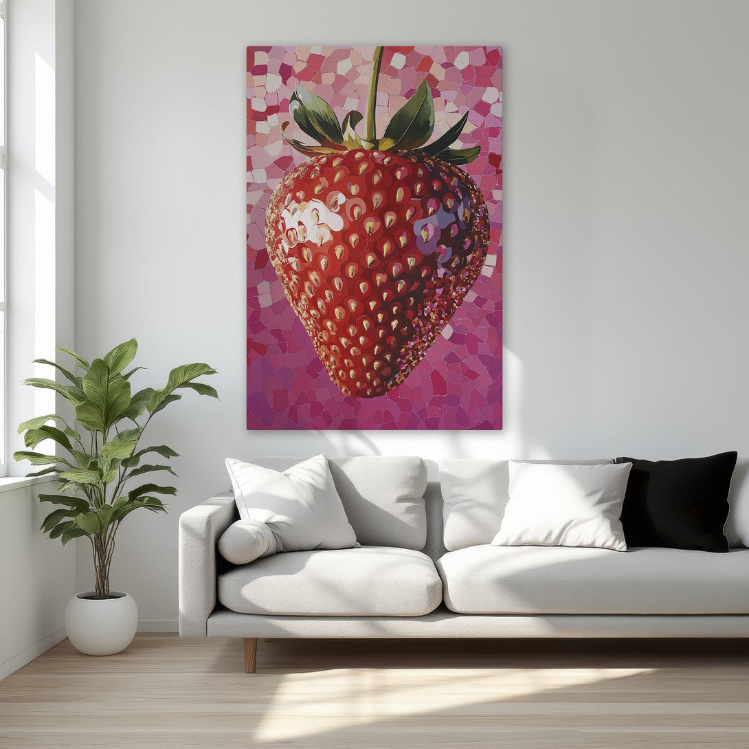 Framed Wall Art: Vibrant strawberry mosaic art in a bedroom. Red, pink, and green color palette. Modern, eye-catching Canvas Print for your home decor.