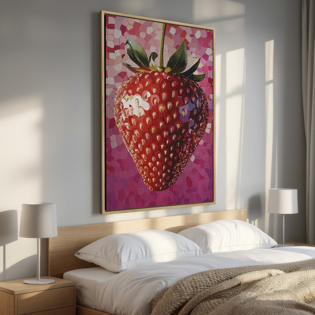 Framed Wall Art: Vibrant strawberry mosaic art in a bedroom. Bold red and pink color palette. Perfect for adding a pop of color to your space.