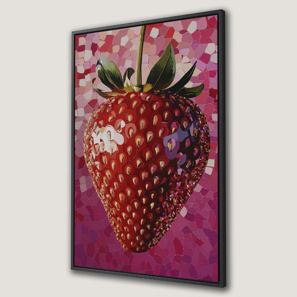 Framed Wall Art: Bold, mosaic-style strawberry in vibrant red and pink hues. Perfect kitchen decor! Add a pop of color with this unique canvas print.