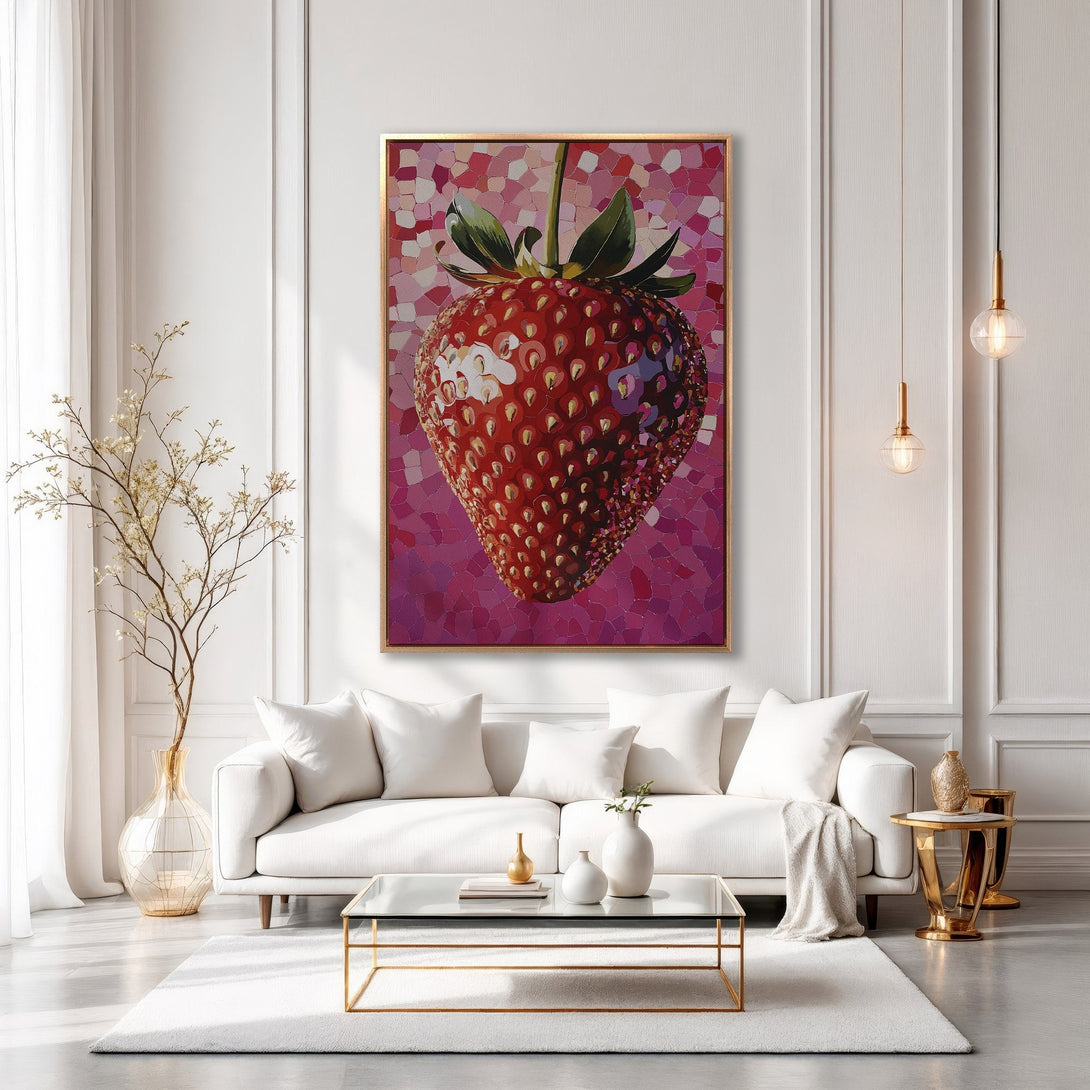 Framed Wall Art: Vibrant mosaic strawberry canvas print in a modern living room. Red and pink color palette adds a pop of color to any space.