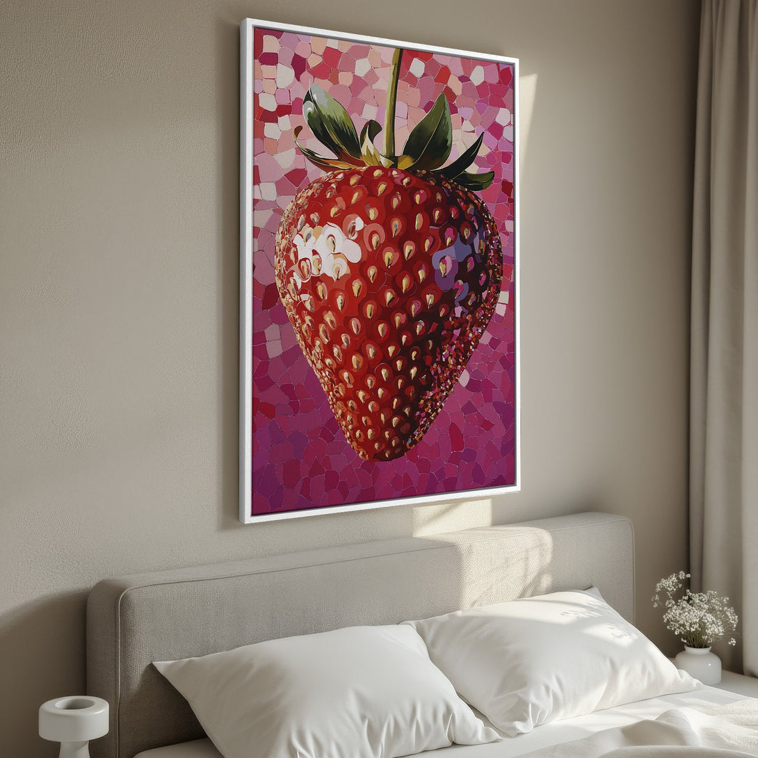 Framed Wall Art: Vibrant strawberry mosaic art in red and pink hues. Modern canvas print adds a pop of color to any interior space.