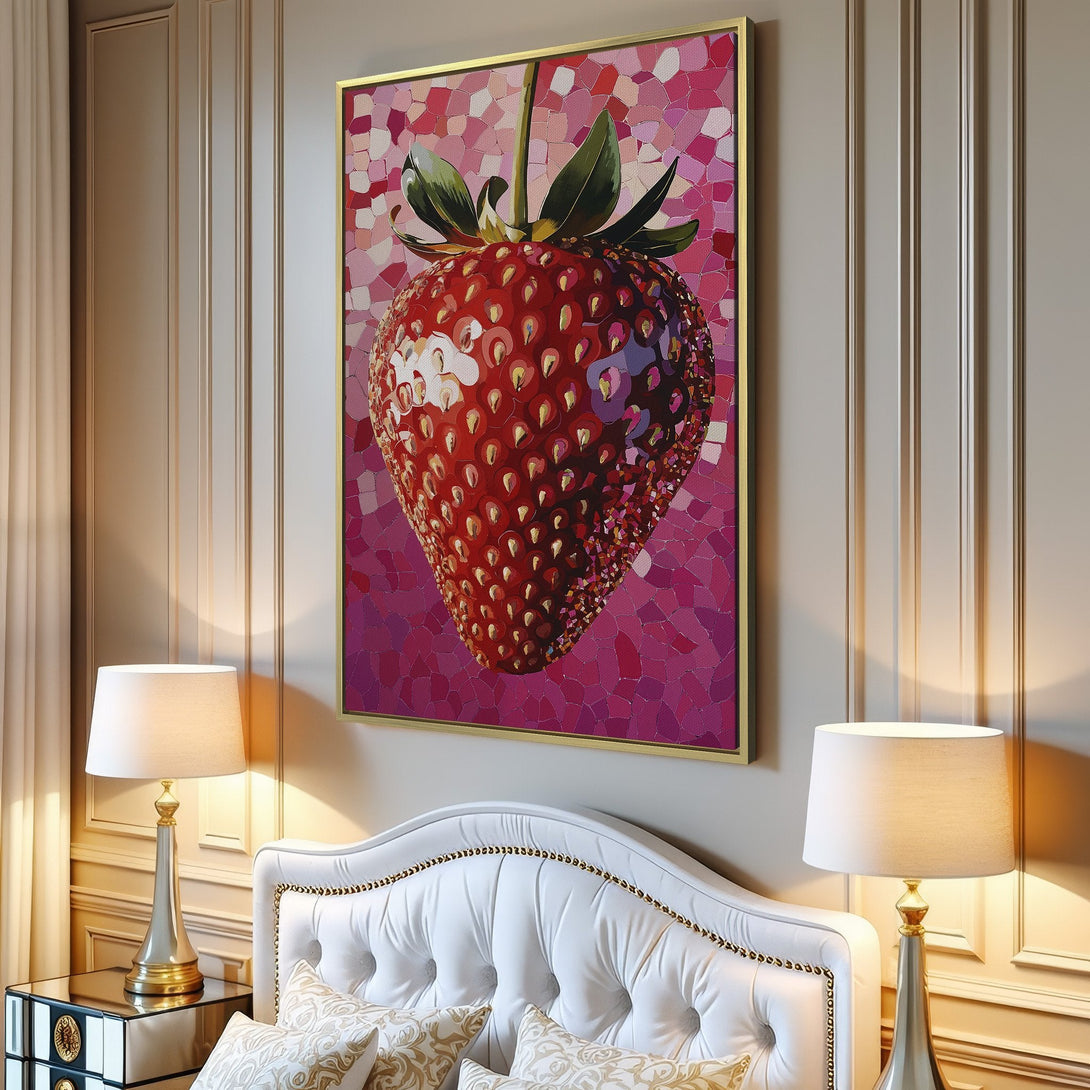 Canvas Print of a vibrant strawberry mosaic art piece. Features a red and pink color palette, perfect for adding a pop of color to any room.