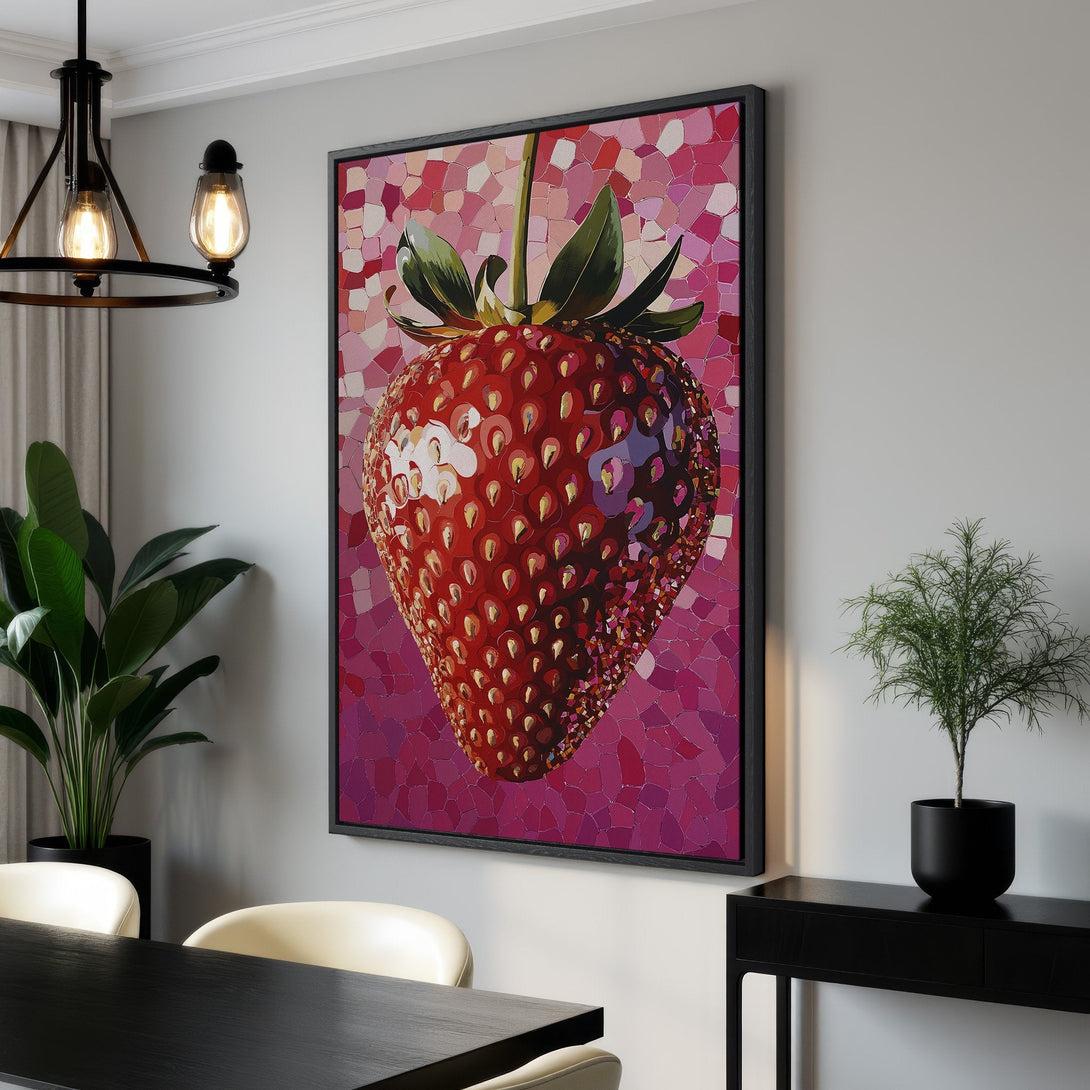 Framed Wall Art: Vibrant mosaic strawberry print in a modern dining room. Red, pink, and green color palette. Add a pop of color to your space!