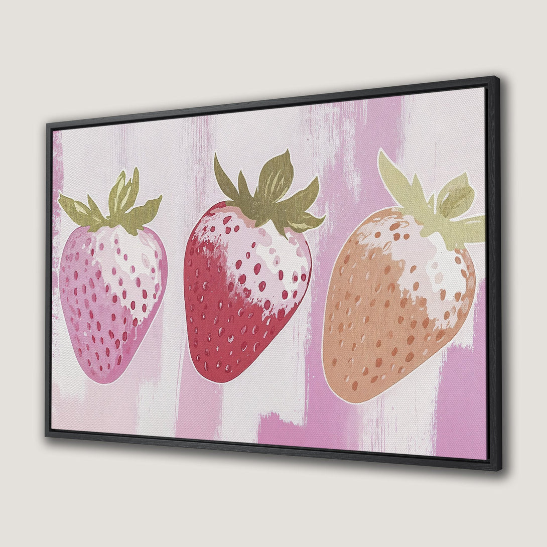 Framed Wall Art: Abstract strawberry canvas print in pink and red hues. Modern kitchen decor, perfect for adding a pop of color to your space.