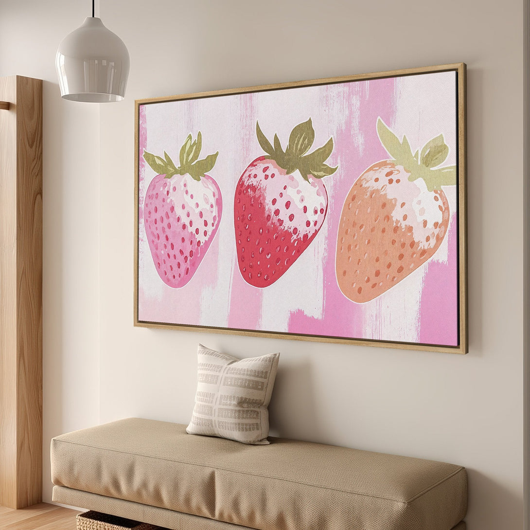 Framed Wall Art: Playful strawberry print in pink and red hues. Modern farmhouse style Canvas Print adds a pop of color to any space.