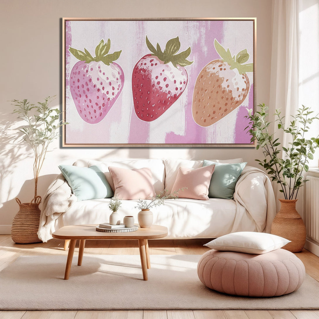 Framed Wall Art featuring a whimsical strawberry painting in pink and red hues. Adds a pop of color to any room!