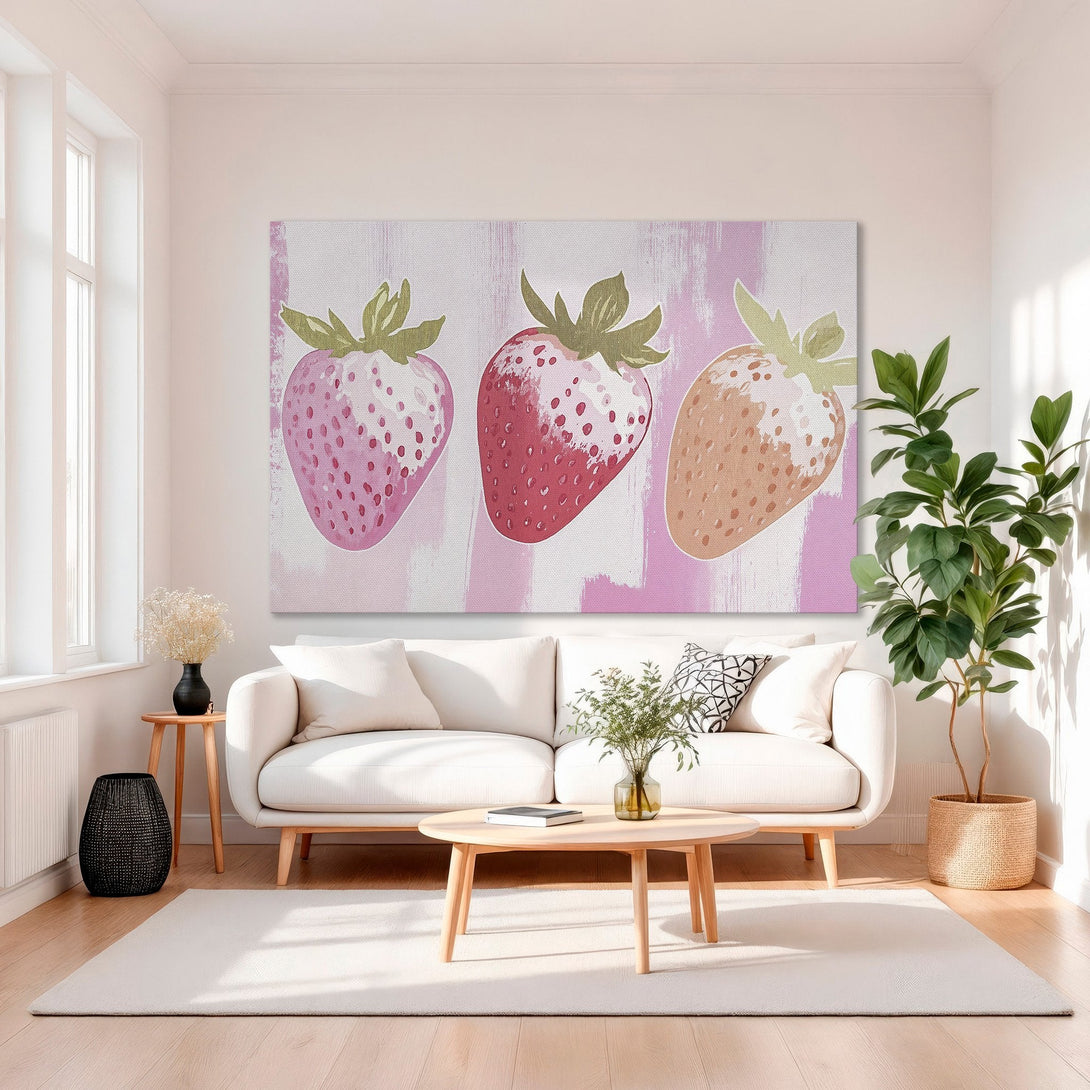 Framed Wall Art featuring colorful strawberry painting. Modern style, pink and gold color palette. Perfect for kitchen or dining room decor.