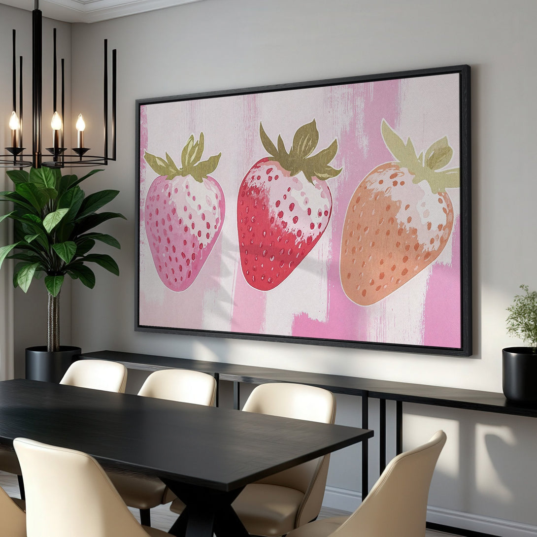 Framed Wall Art: Vibrant strawberry canvas print in pink and red hues. Modern, stylish wall decor for your dining room. Brighten your space today!