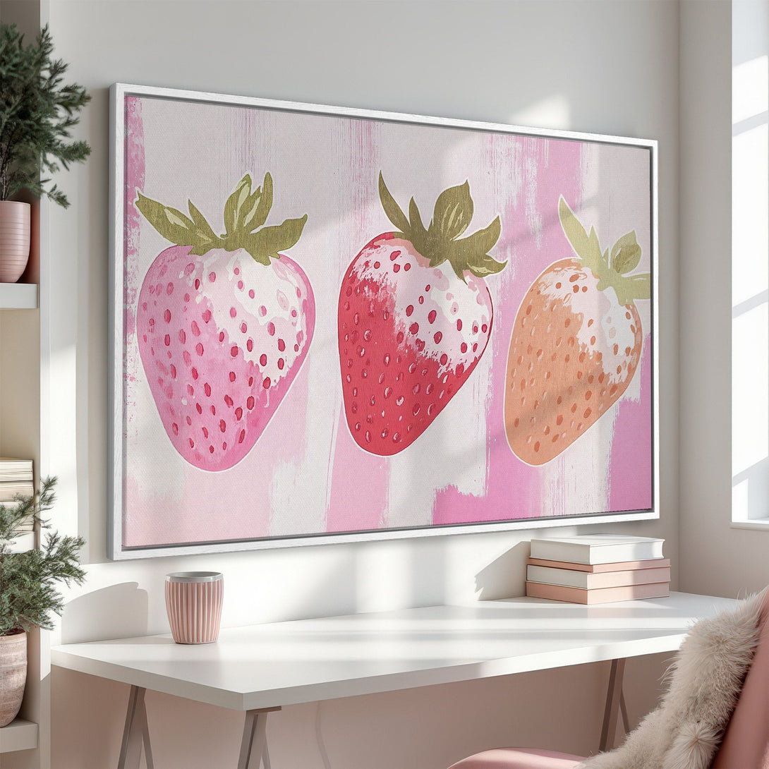 Framed Wall Art featuring watercolor strawberries in pink and red hues. Perfect for adding a touch of whimsy to your home decor.