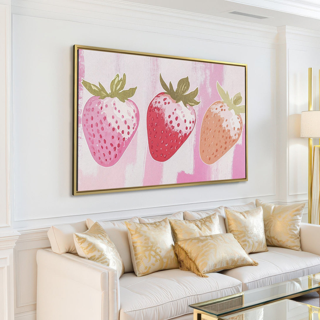 Canvas Print of watercolor strawberries in a modern living room. Pink, red, and green fruit art adds a pop of color to any space.