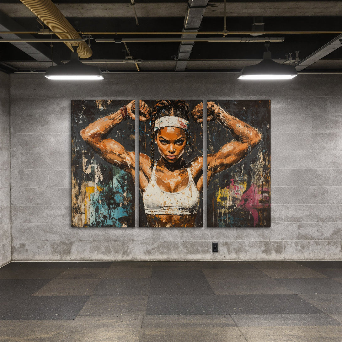 Canvas Print of a strong woman in a gym, abstract style with dark, earthy tones. Add bold art to your space!