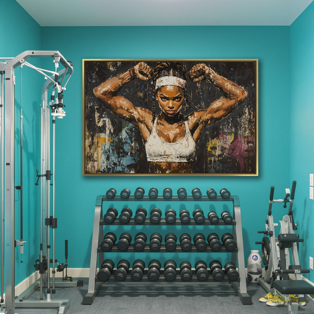 Canvas Print of a strong woman flexing, abstract style, with a dark, moody color palette. Perfect for a gym or home decor.