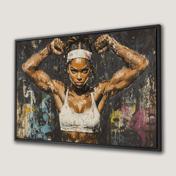 Framed Wall Art: Powerful woman portrait in an expressive, abstract style. Earth tones with pops of color, perfect for modern home decor.