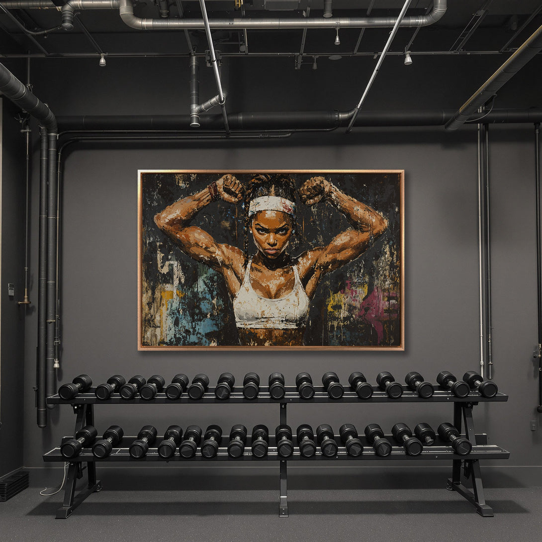 Framed Wall Art of a strong woman in a gym, abstract style with a dark, moody color palette. Perfect for home or gym decor.