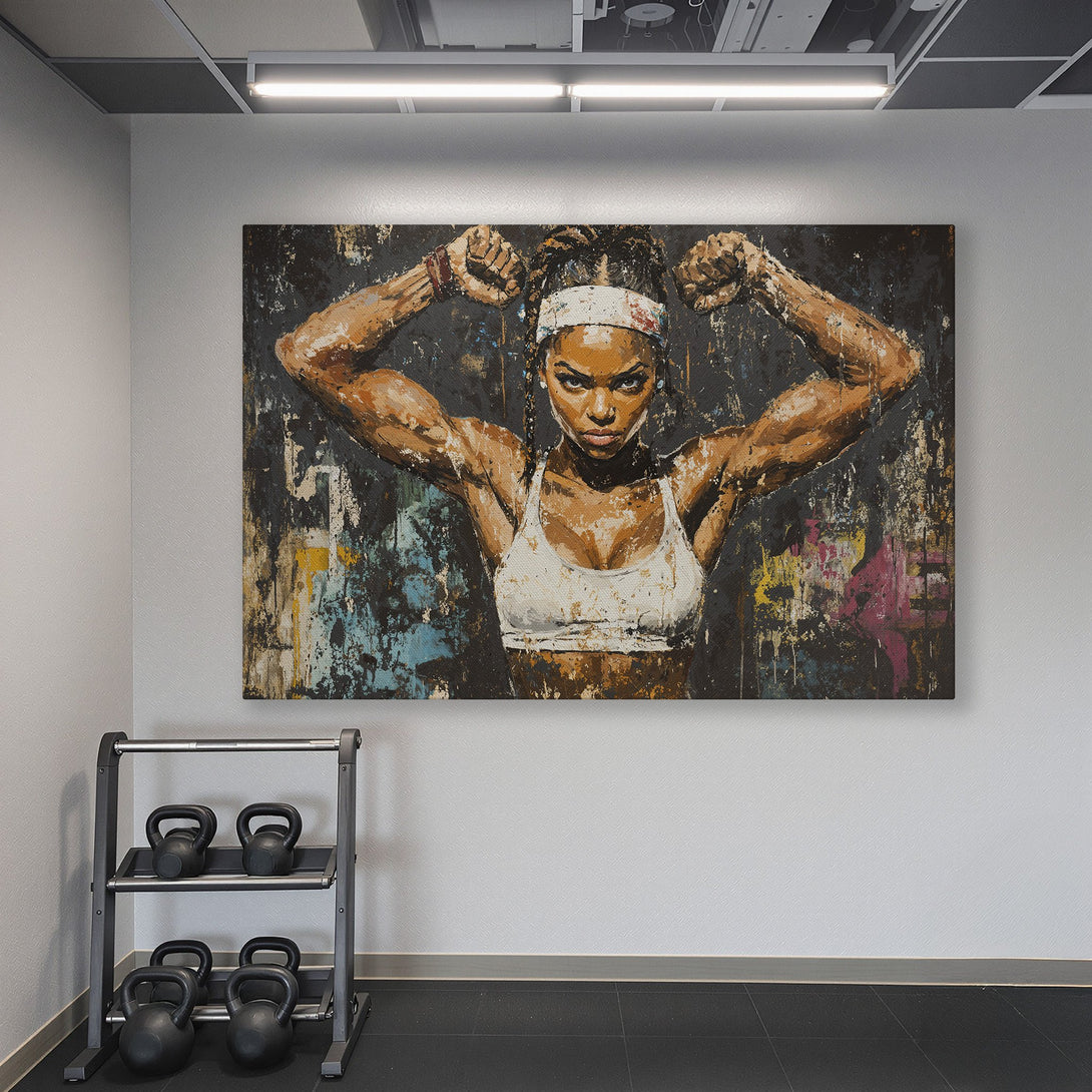 Framed Wall Art of a strong woman in a gym. Abstract style with a warm color palette, perfect for fitness enthusiasts. Add art to your home gym!