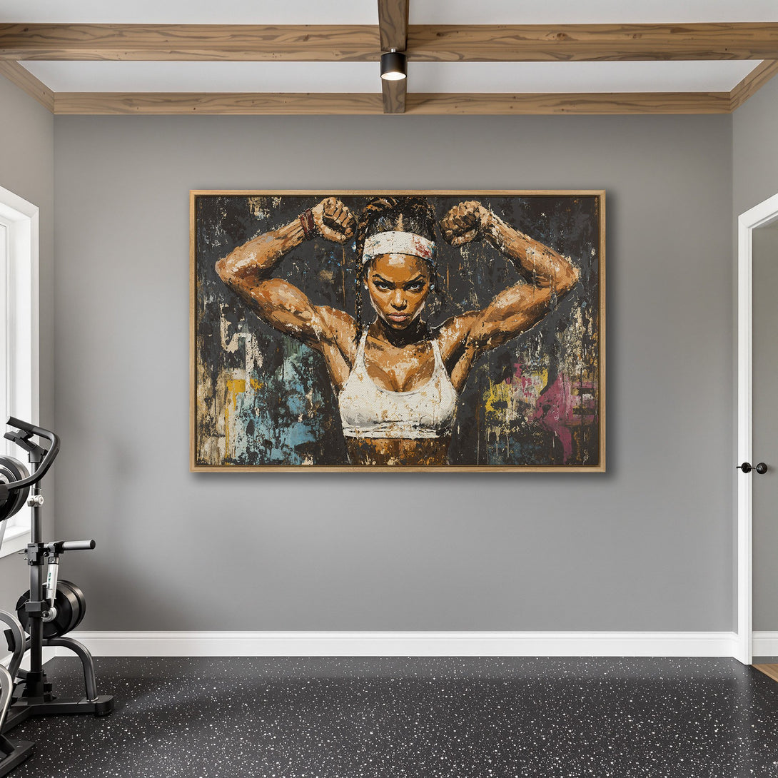 Framed Wall Art: Powerful woman flexing. Abstract style, dark & colorful palette. Perfect for gym decor. Add strength to your space!