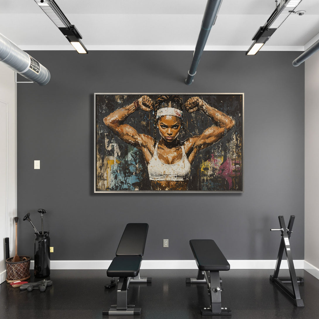 Framed Wall Art: Abstract portrait of a strong woman in a gym. Bold, colorful artwork with a dark, textured background. Perfect for home decor.