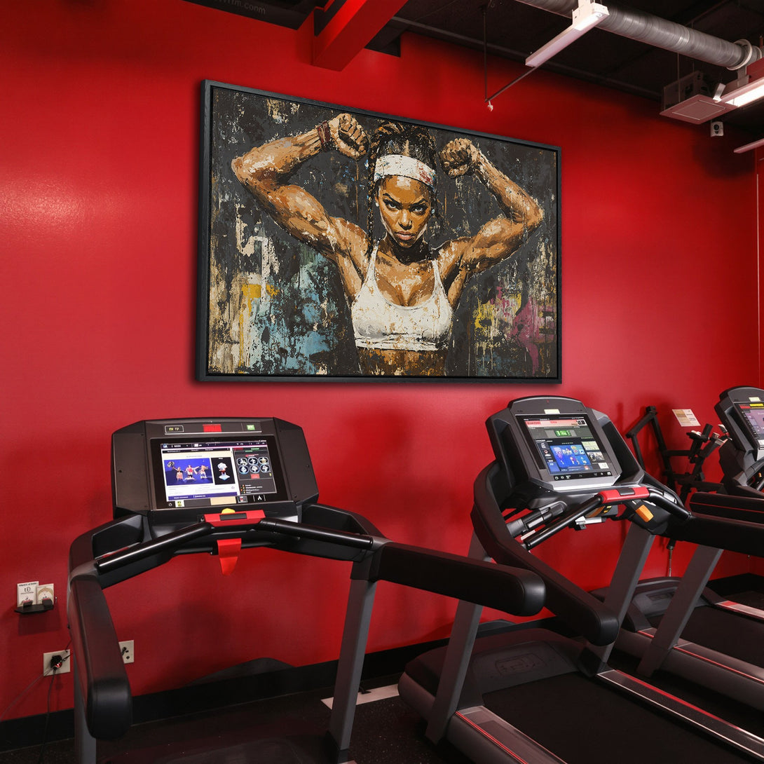 Framed Wall Art: Powerful woman portrait in a gym. Abstract style with a striking black, brown, and red color palette. Elevate your space with art that inspires!