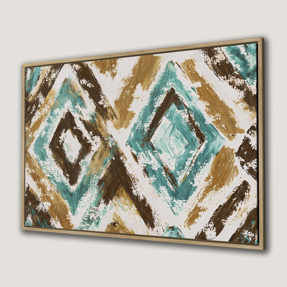 Abstract Canvas Print with diamond pattern in teal, brown, and gold. Modern wall art for any space.