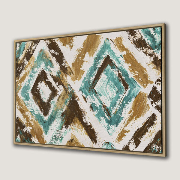 Abstract Canvas Print with diamond pattern in teal, brown, and gold. Modern wall art for any space.