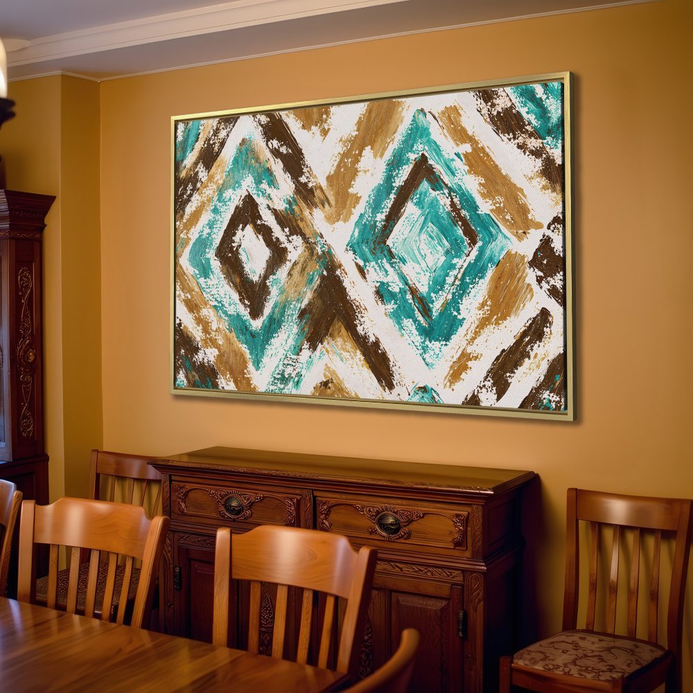 Abstract Canvas Print with diamond pattern in teal, brown, and gold. Modern wall art for your living room.