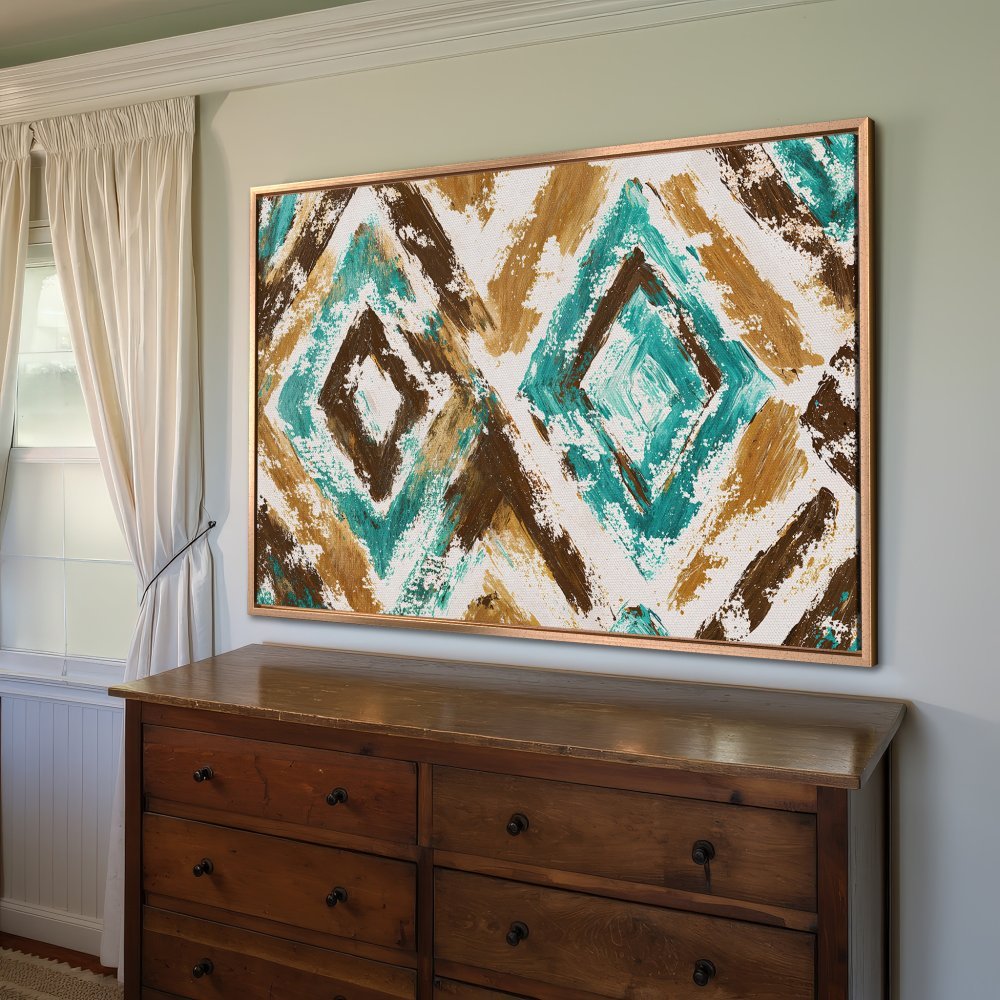 Framed Wall Art: Abstract diamond pattern in teal, brown, and gold. Modern canvas print adds a pop of color to any room.