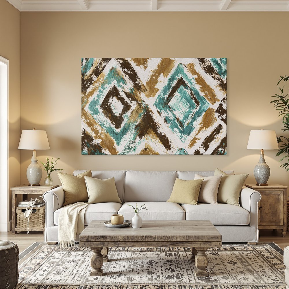 Framed Wall Art: Abstract geometric canvas print in teal, brown, and gold. Elevate your dining room with this modern art piece!