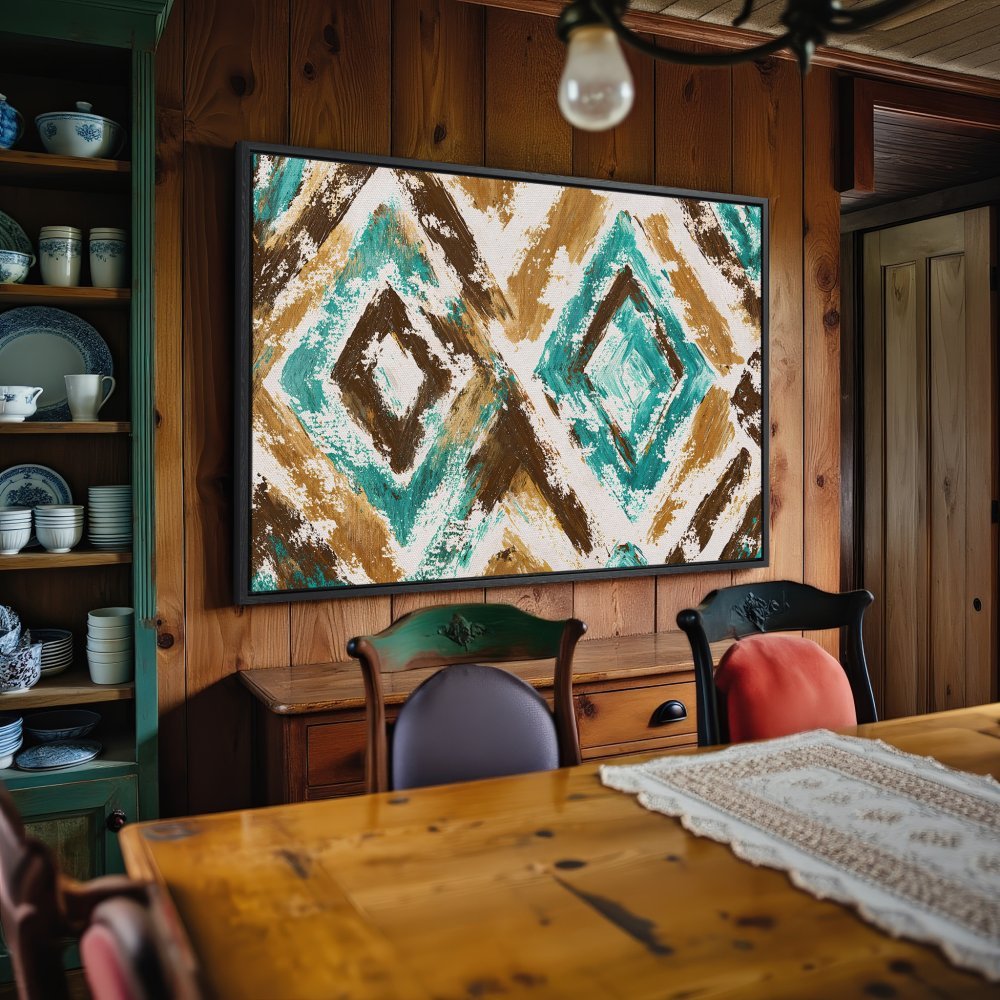 Abstract Canvas Print with geometric diamond pattern in teal, brown, and gold. Perfect wall art for any space!