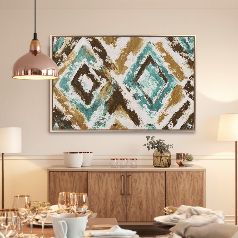Framed Wall Art: Abstract diamond pattern in teal, brown, and gold. Modern canvas print adds a stylish touch to any dining room.