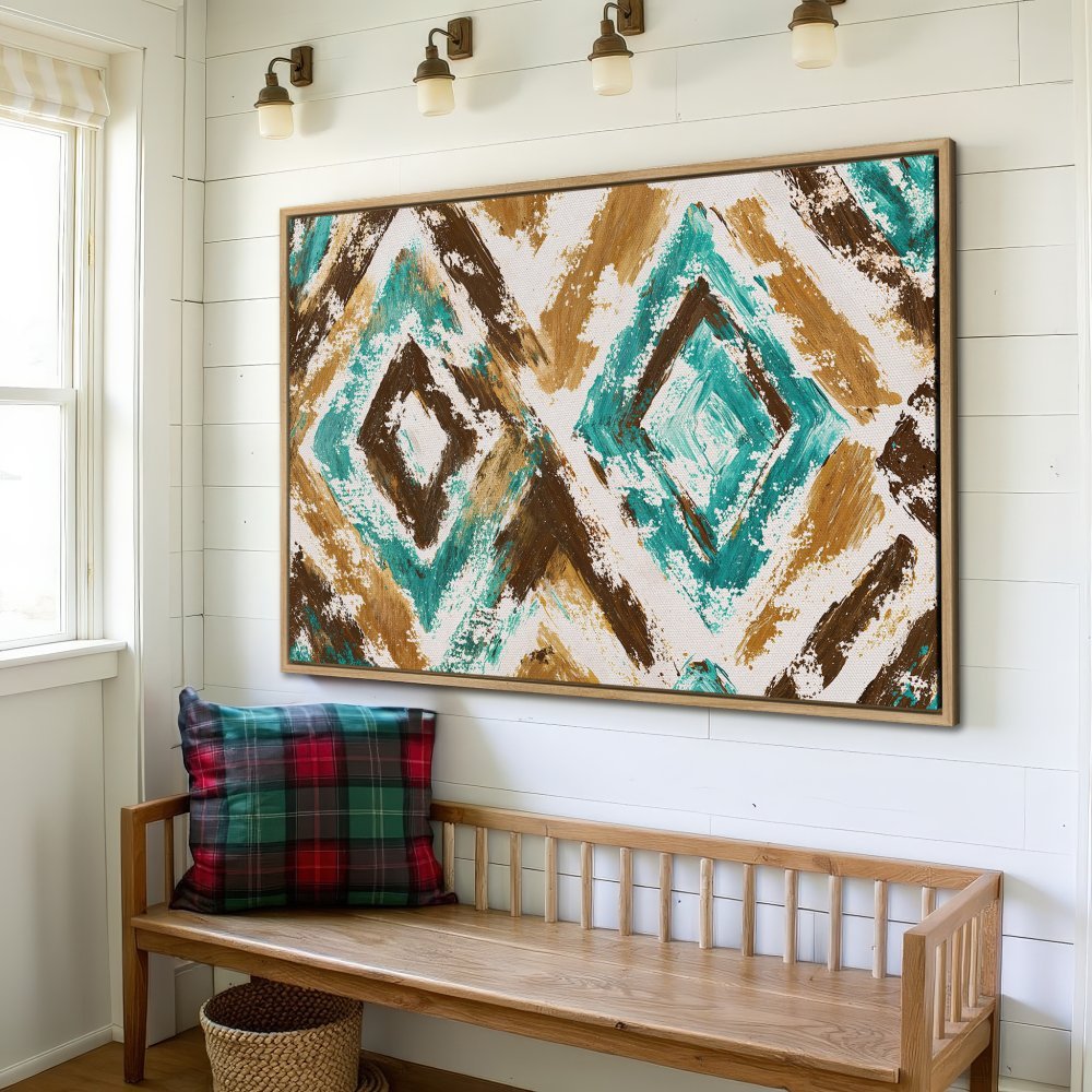Framed Wall Art: Abstract geometric design in teal, brown, and gold. Modern canvas print perfect for living room or bedroom decor.