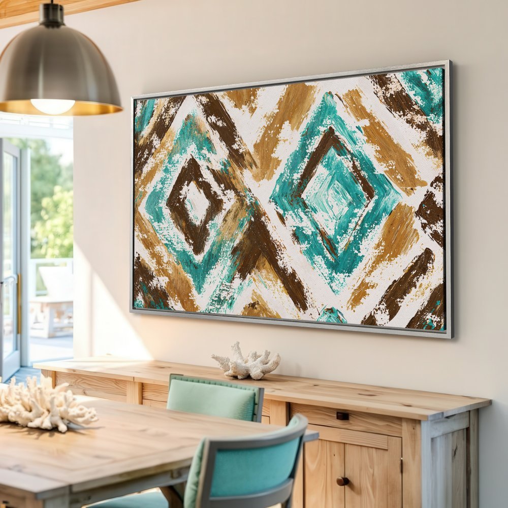Framed Wall Art: Abstract diamond pattern in teal, brown, and gold. Modern canvas print for living room or dining room decor.