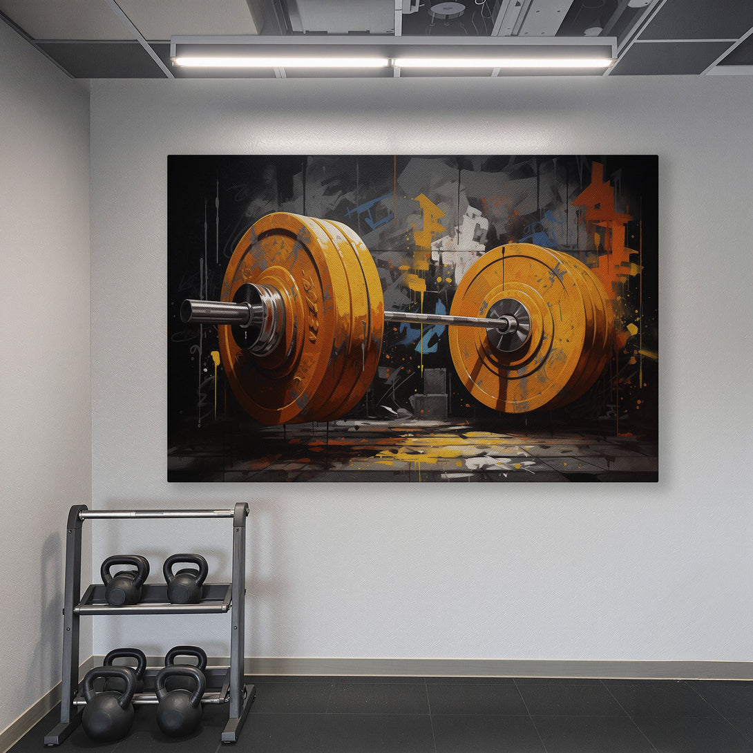 Framed Wall Art: Abstract barbell print in a gym setting. Bold orange and black color palette adds a motivational vibe to any workout space.
