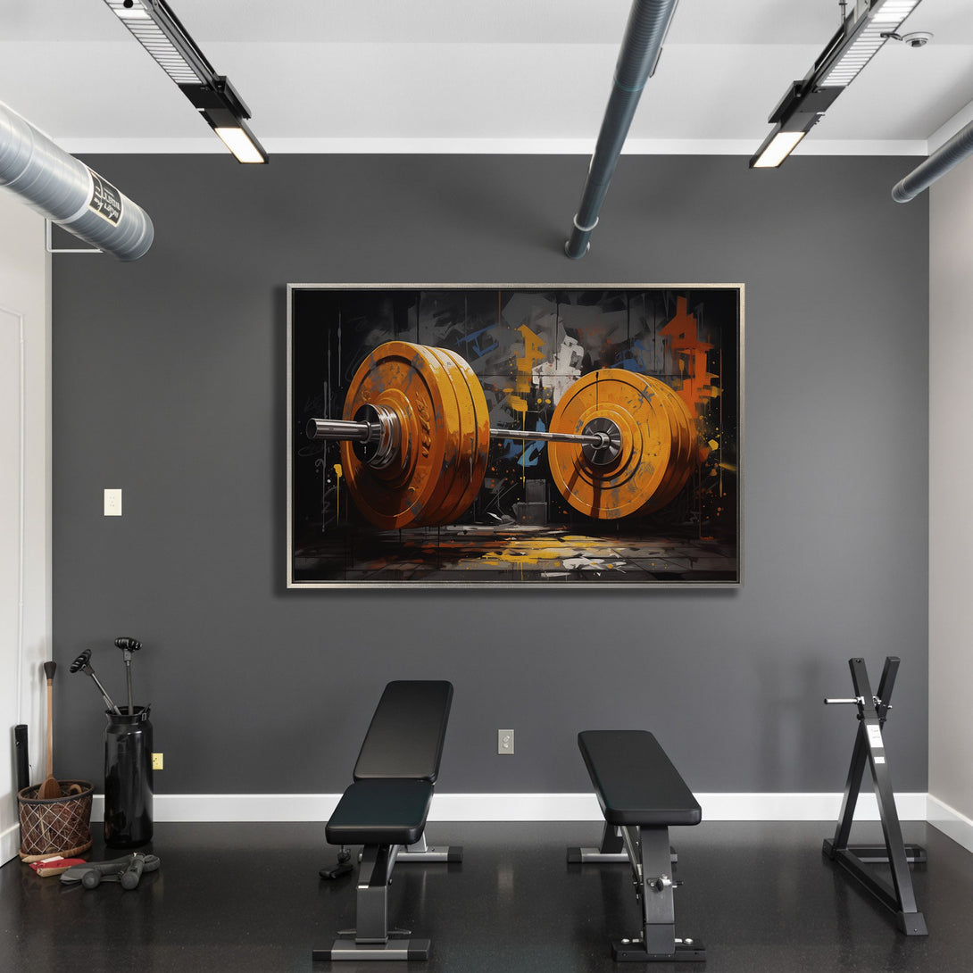 Framed Wall Art featuring a bold barbell abstract painting in a gym setting. Modern style with a striking orange, black, and gray color palette. Elevate your space!