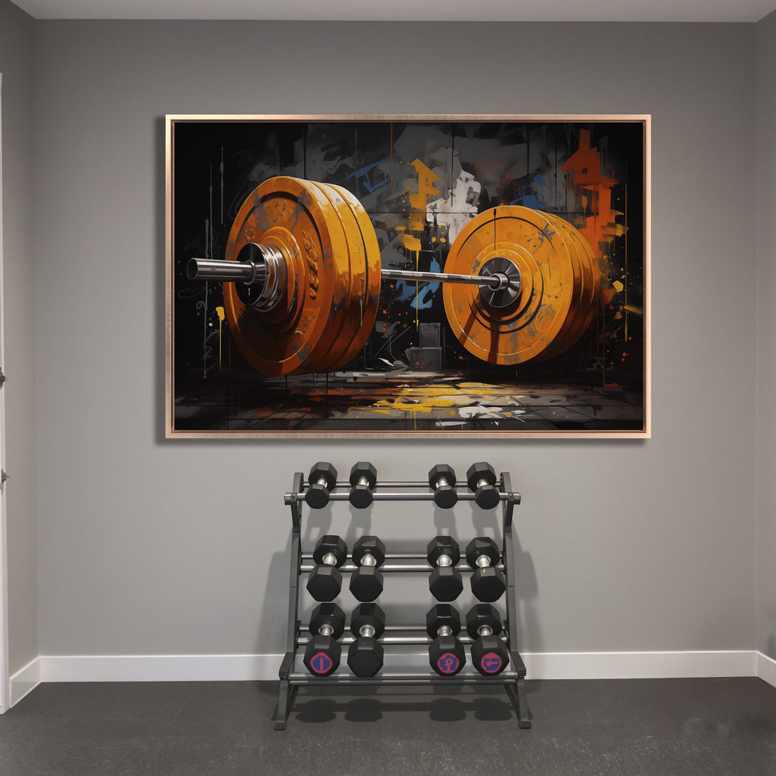Framed Wall Art: Abstract barbell painting in orange and black. Modern fitness decor, perfect for gym or home. Shop now!