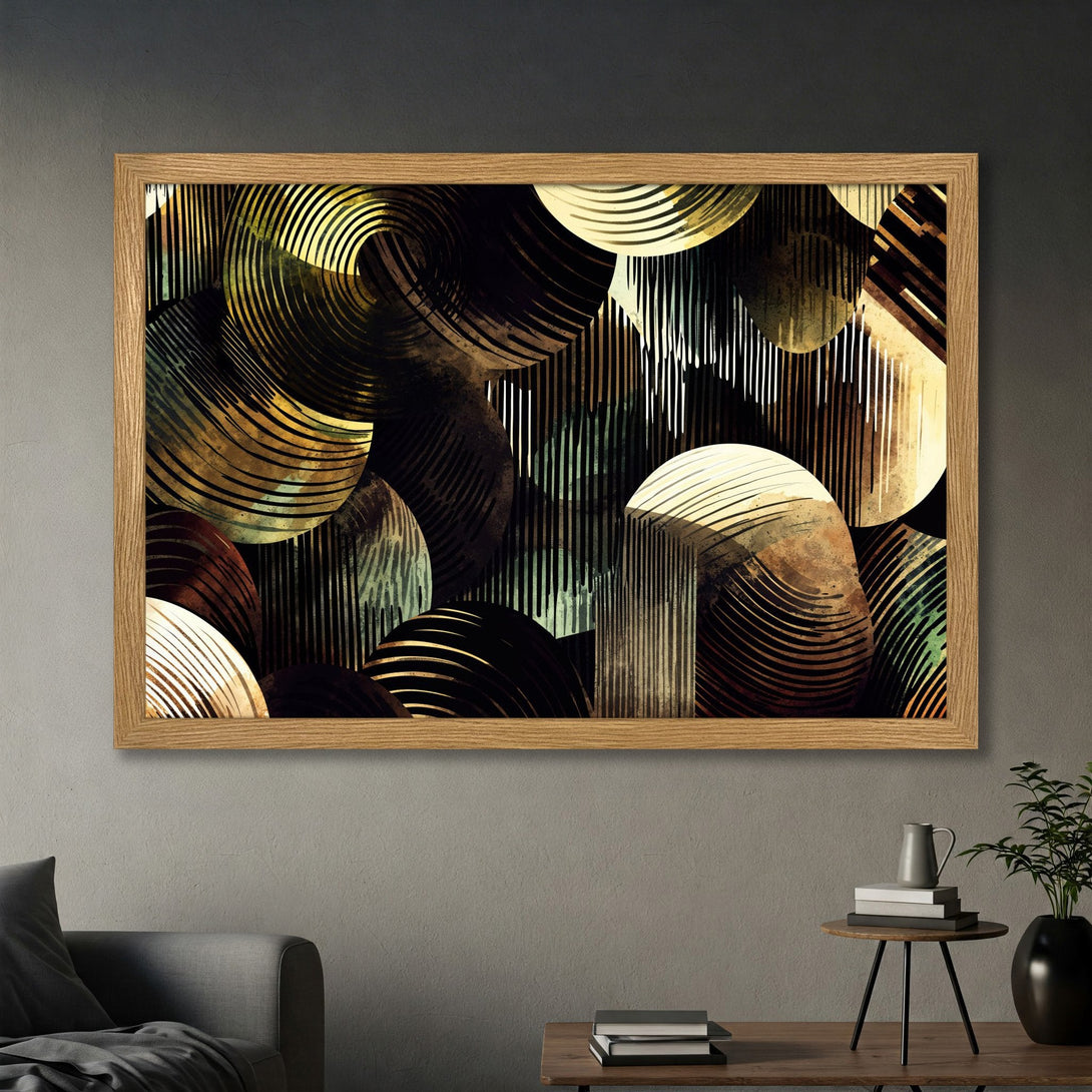 Framed Poster featuring abstract geometric art in a warm color palette of gold, brown, and black. Modern wall art for any space.