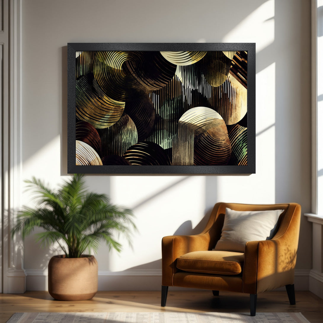 Framed Poster featuring abstract geometric art in earth tones. Enhance your space with this stylish wall art.